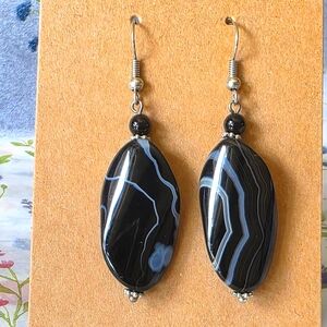 Black Stone and Silver Drop Earrings